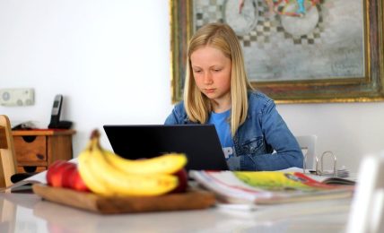 Una niña estudia en casa por ordenador