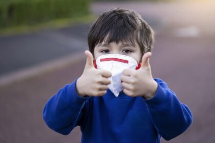 Niño Con Mascarilla Hace El Signo De Todo Ok Con Los Pulgares Hacia Arriba